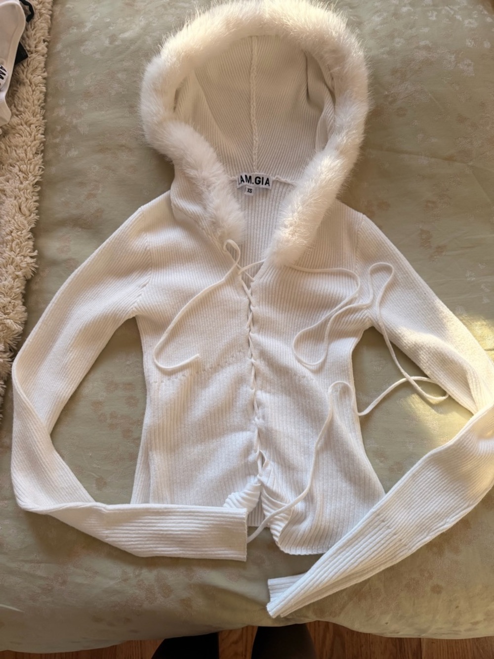 I.AM.GIA White Ribbed Lace-Up Hooded Cardigan with Faux-Fur Trim
